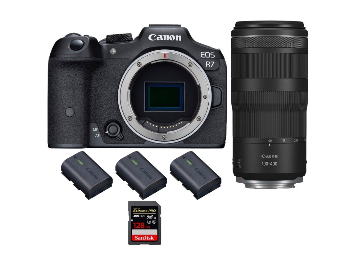 Eos R7 + Rf 100 400mm Is + 1 Sandisk 128gb Uhs ii 300mb/s + 3 Canon Lp e6nh Máquina Fotográfica Híbrida + Ebook Pricedirect CANON