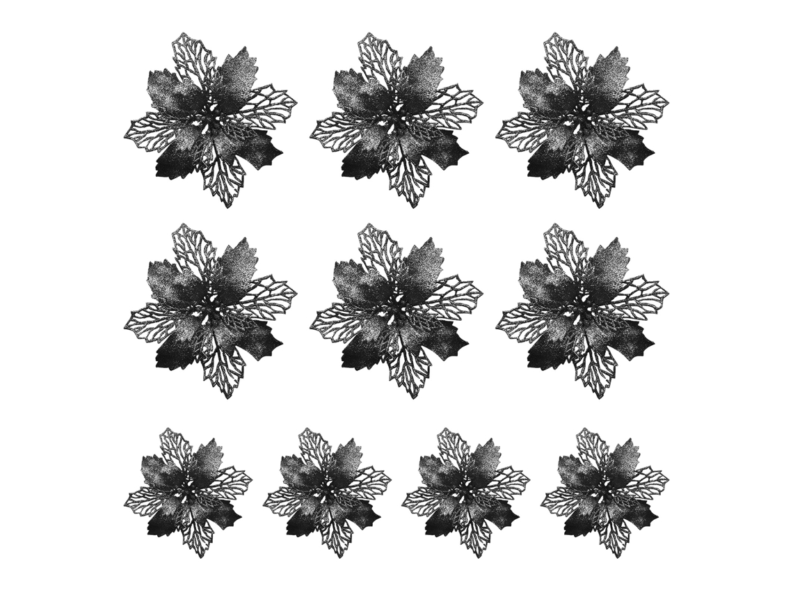 Conjunto de 10 Poinsetia Artificial com Glitter de 9cm para Natal, Decoração, Wedding, Party, Wreath