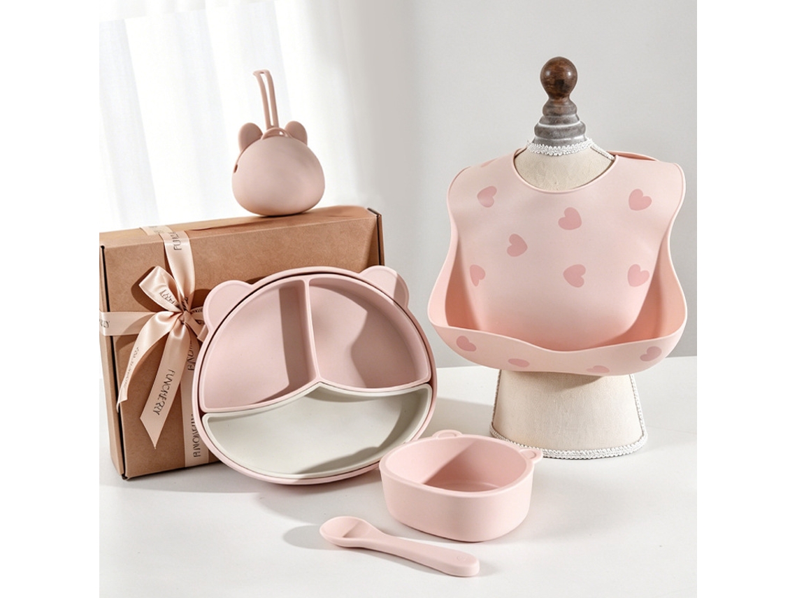 Conjunto de Alimentação para Bebé em Silicone - Prato Dividido + Taça + Colher em Silicone + Caixa Rosa PANOONA (5 Peças)