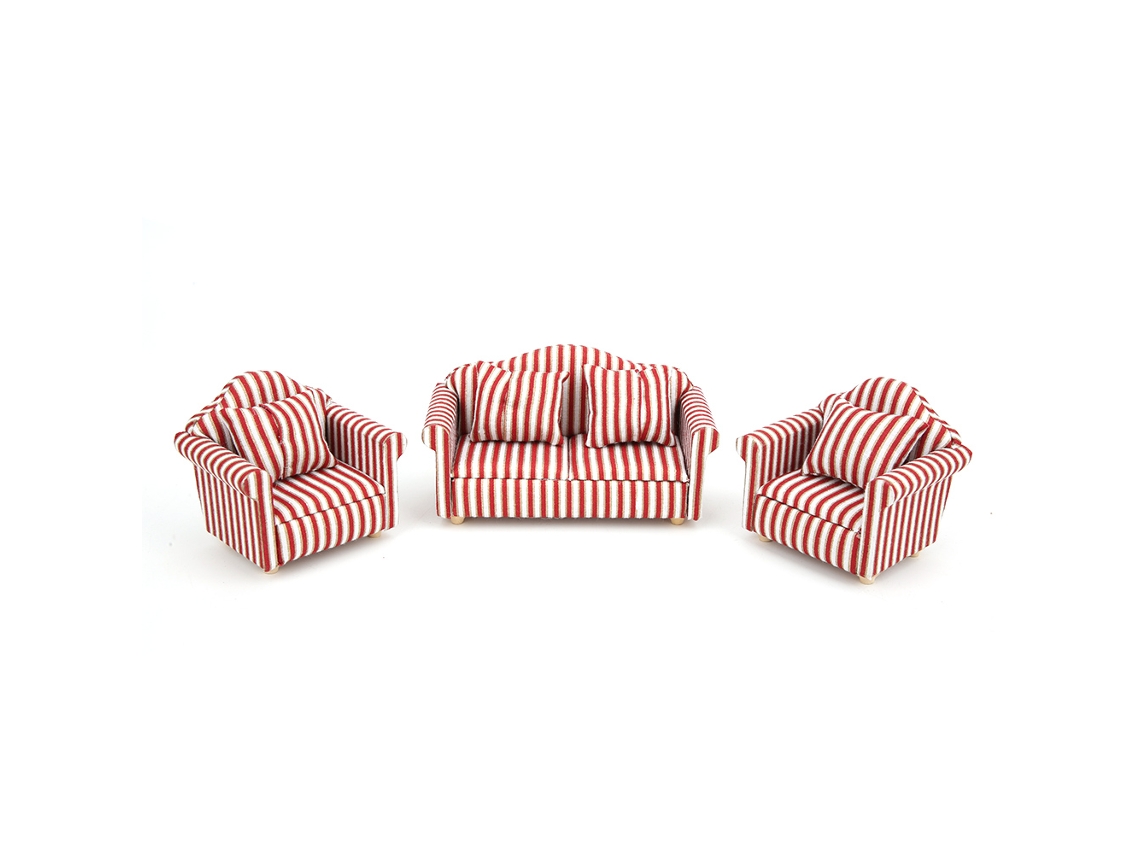 Sofá Miniatura Para Casa De Muñecas 3 Piezas Com 4 Almofadas Listras Laranja Vermelho Ouro Decoração Móveis Acessórios