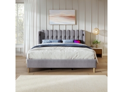 Cama Estofada 160x200cm Portas Usb, Tipo C, Ripas, Linho, Casal, Cinza KOMHTOM