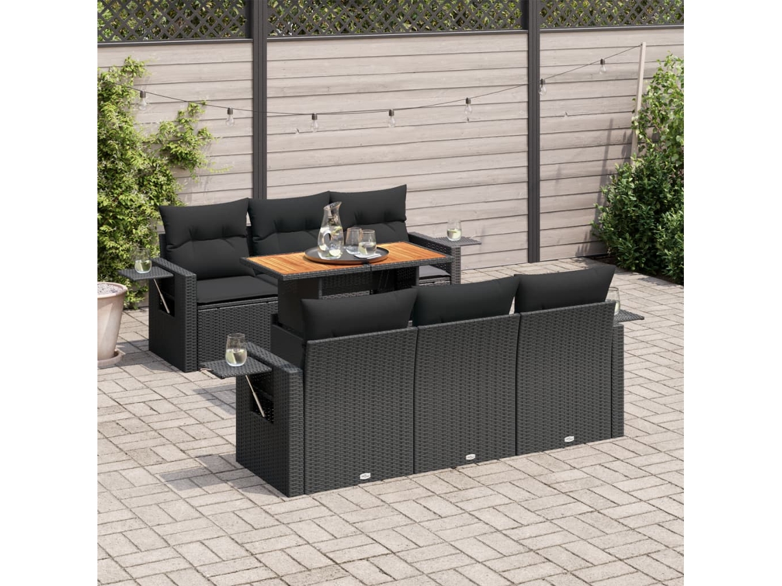 Vidaxl 7 Pcs Conjunto De Sofás P/ Jardim C/ Almofadões Vime Pe Preto