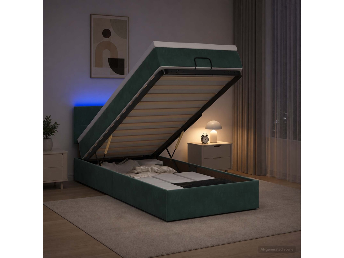 Vidaxl Cama Ottoman Com Colchão E Led Verde-escuro 90 X 200 Cm Veludo