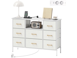 Cômoda De 8 Gavetas Em Tecido Com 2 Tomadas De Energia, 110x30x76cm, Estrutura Aço Creme