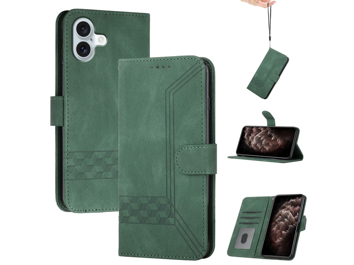 Capa Em Couro Pu, Para Apple Iphone 16 Plus - Verde Escuro