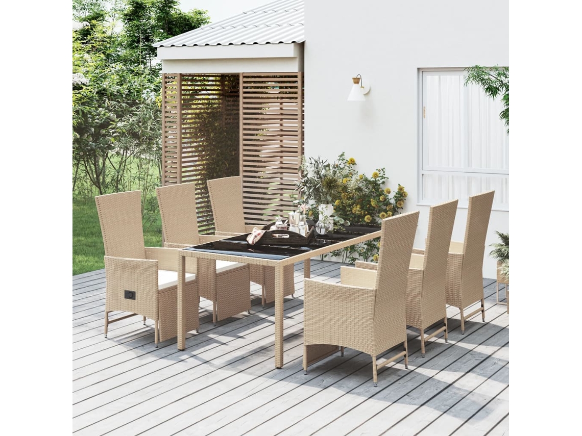 Vidaxl 7 Pcs Conjunto De Jantar P/ Jardim Com Almofadões Vime Pe Bege