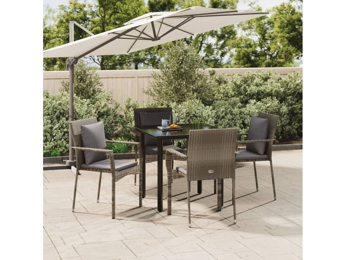 Vidaxl 5 Pcs Conjunto Jantar Jardim C/ Almofadões Vime Pe Preto/cinza