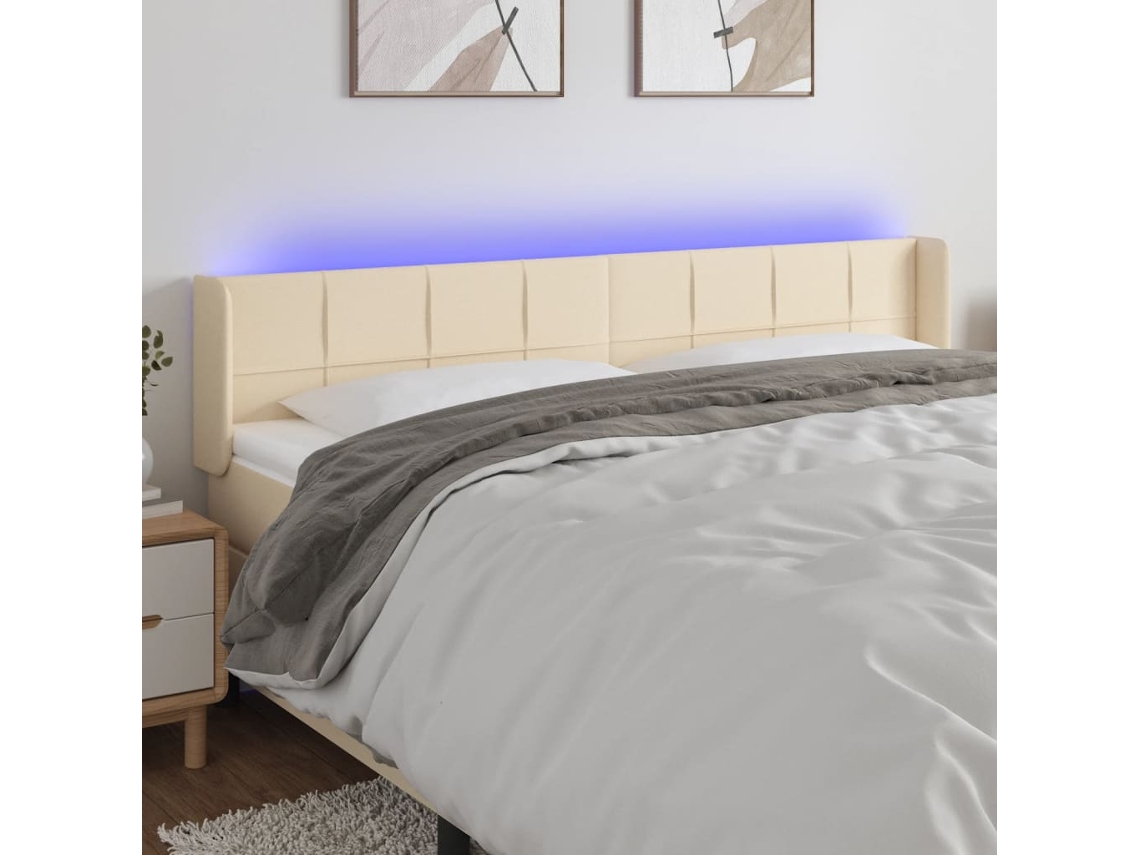 Vidaxl Cabeceira De Cama C/ Luzes Led Tecido 163x16x78/88 Cm Cor Creme