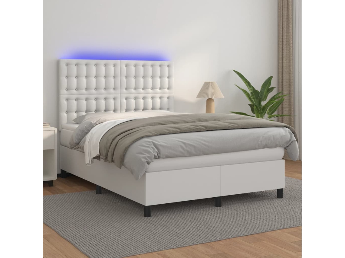 Cama Box Spring C/colchão/led 140x200cm Couro Artificial Branco