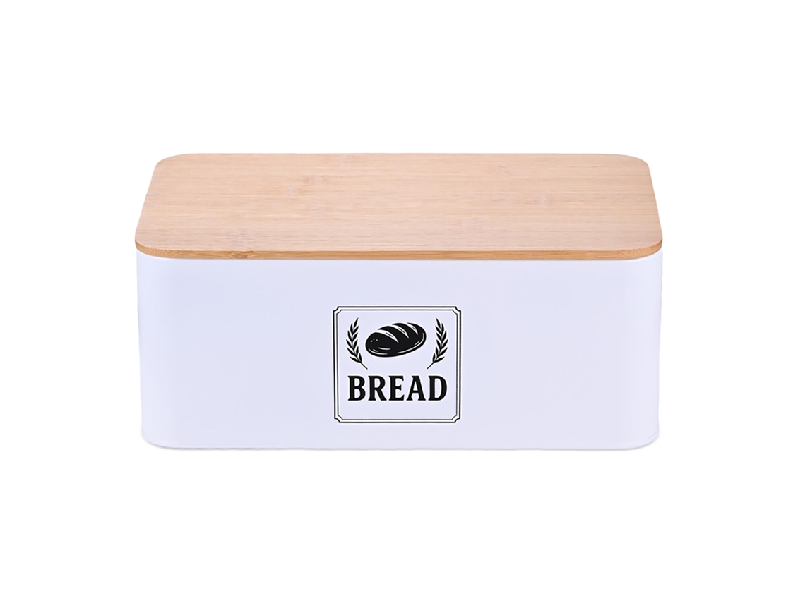 Relaxdays Caixa De Pão, Tampa De Bambu, Metal, A X L X P: 13,5 X 33 X 19 Cm, Caixa Retro Para Pão, Branco