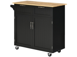 Carrinho de cozinha com rodas, 2 gavetas e 2 portas prateleira ajustável preto 104x46x91 Cm | S/MARCA