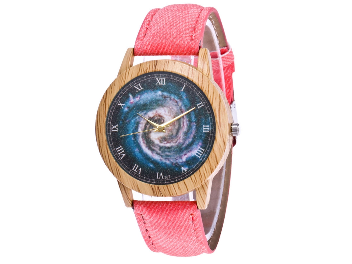 Relógio de pulso unissex de quartzo com pulseira de jeans, estampa rosa moderna, ideal para presente.