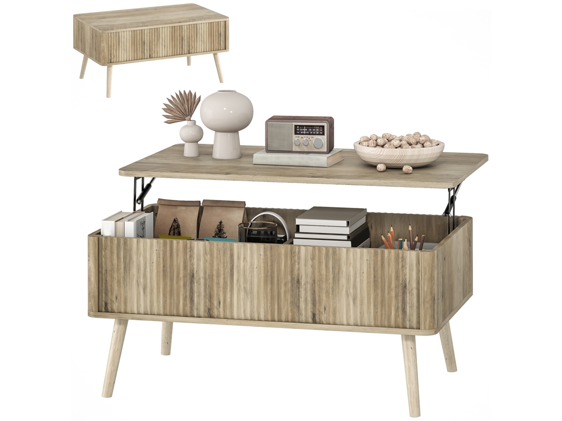 Mesa De Centro Elevatória Com Compartimentos Ocultos De Armazenamento E Pés De Pinho 91x56x43 Cm Carvalho