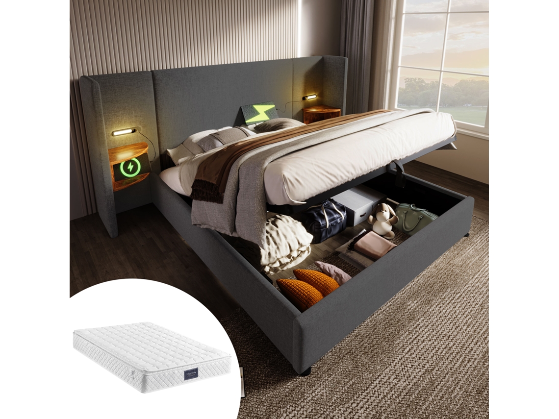 Cama Casal Cinza 160x200cm Estofada, Linho, Criado-mudo, Led Leitura, Usb-c, Ripas (c/ Colchão).-op