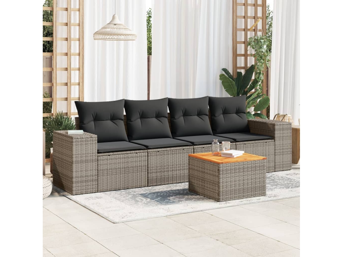 5 Pcs Conjunto Sofás De Jardim C/ Almofadões Vime Pe Cinza Dkd Home Decor