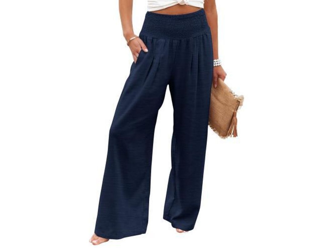 Calça casual feminina Rebe de cintura alta, pernas largas e elásticas, com bolsos, tamanho XL, azul marinho.