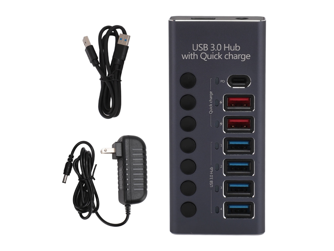 Hub Usb 3.0 Com 7 Portas 4 Para Transferência De Dados 3 Para Carregamento Rápido Com Adaptador E Interruptores Individuais Plug Us 100-240v