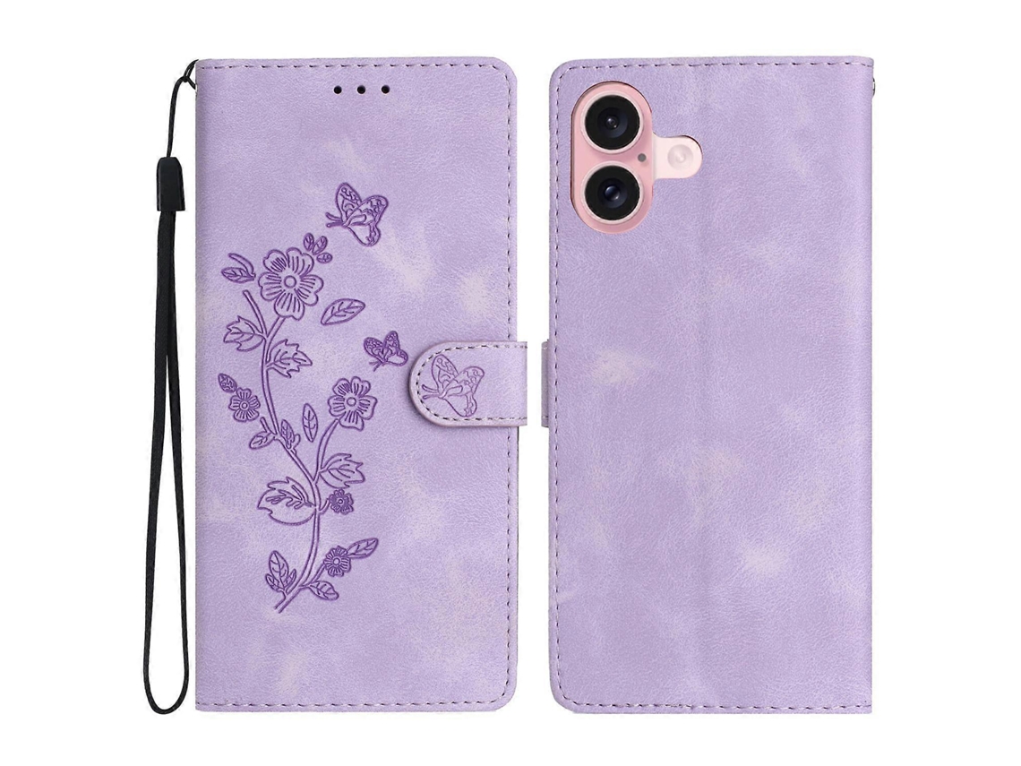 Capa De Couro Com Estampa De Flores E Bolso Para Iphone 16 Plus Com Alça De Pulso
