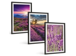 Conjunto De Pinturas Campos De Lavanda, Pôr Do Sol Moldura Preta Quadros Para O Escritório Espelharte (3 Piezas De 40x60 Cm)