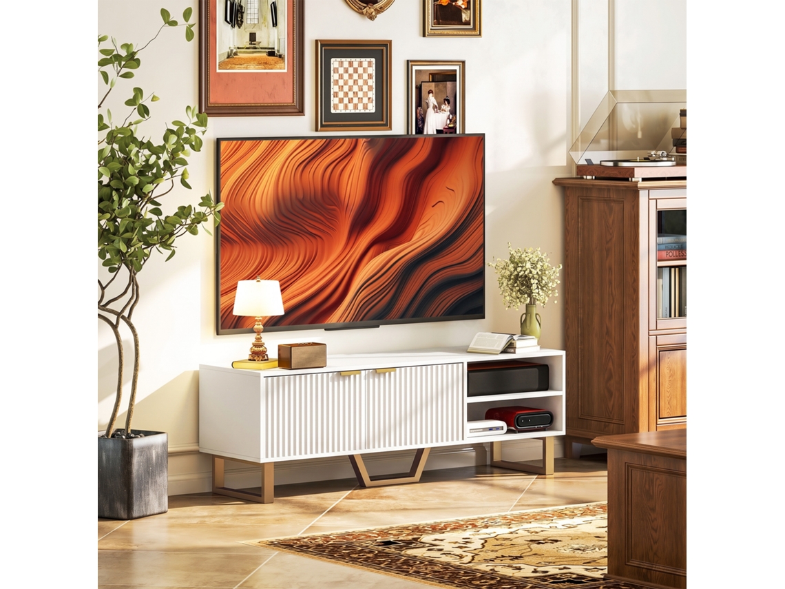 Suporte/bancada Para Tvs De Até 70 Polegadas - Armário Com 2 Portas Caneladas, Compartimento Aberto E Sistema De Gerenciamento De Cabos.
