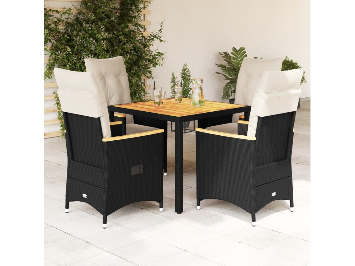 Vidaxl 5 Pcs Conjunto De Jantar P/ Jardim C/ Almofadões Vime Pe Preto
