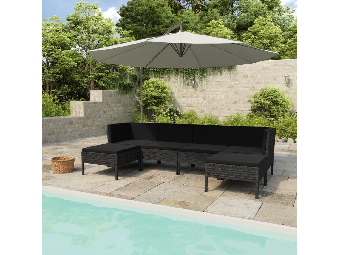 Conjunto Lounge Jardim 6 Peças C/ Almofadões Vime Pe Preto Dkd Home Decor