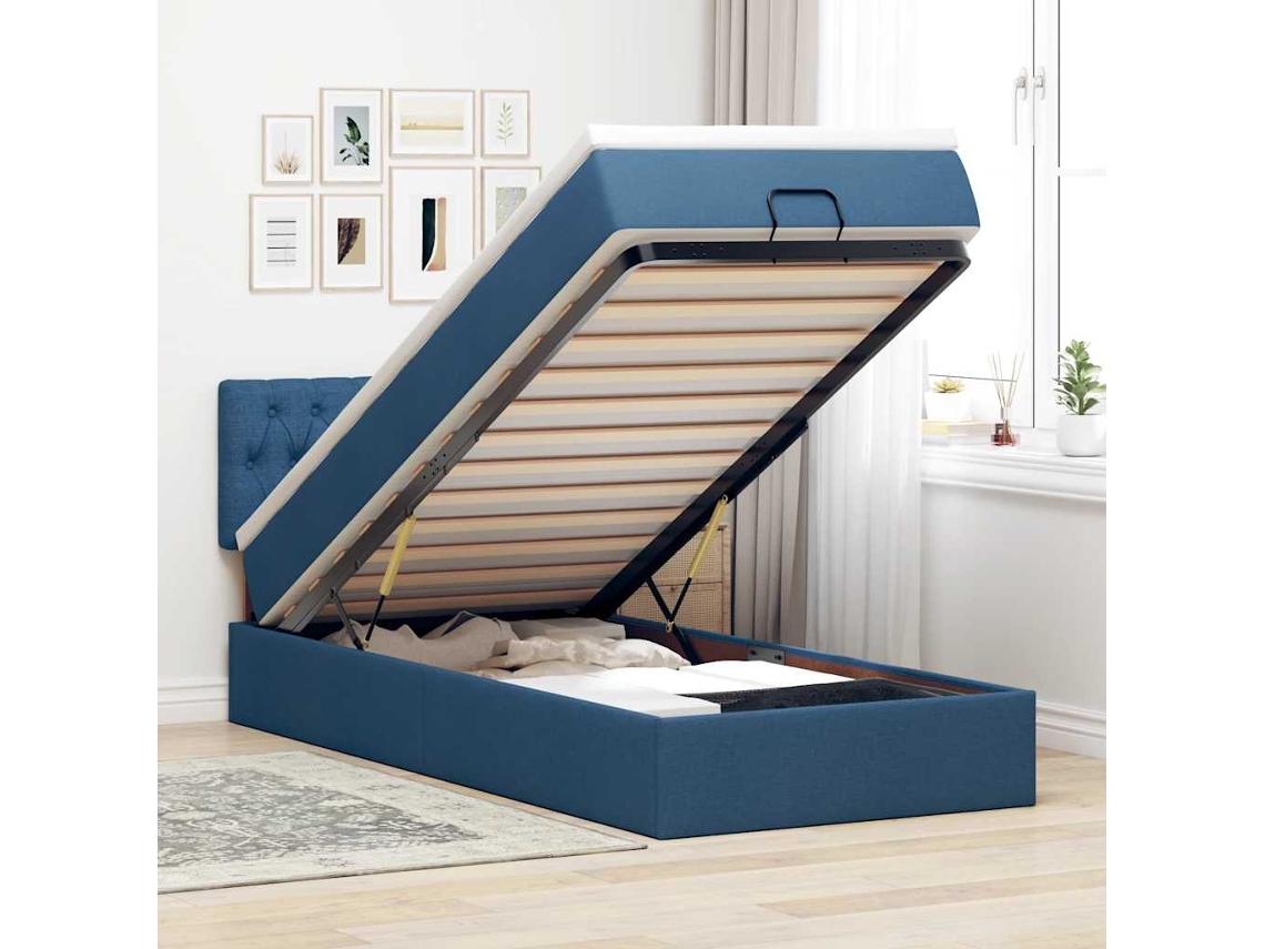 Vidaxl Cama Otomana Com Colchão Leds Tecido Azul 90x200 Cm