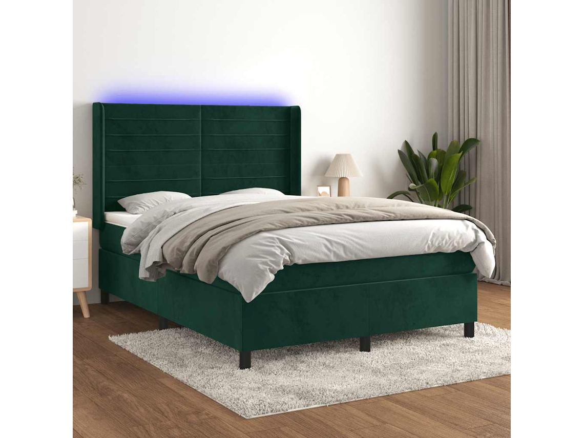 Vidaxl Cama Box Spring C/ Colchão/led 140x200 Cm Veludo Verde escuro
