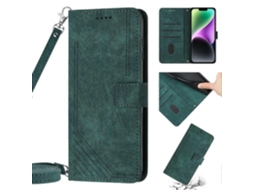 Capa De Couro Com Estampa Listrada E Cordão Para Iphone 14 Pro, Verde