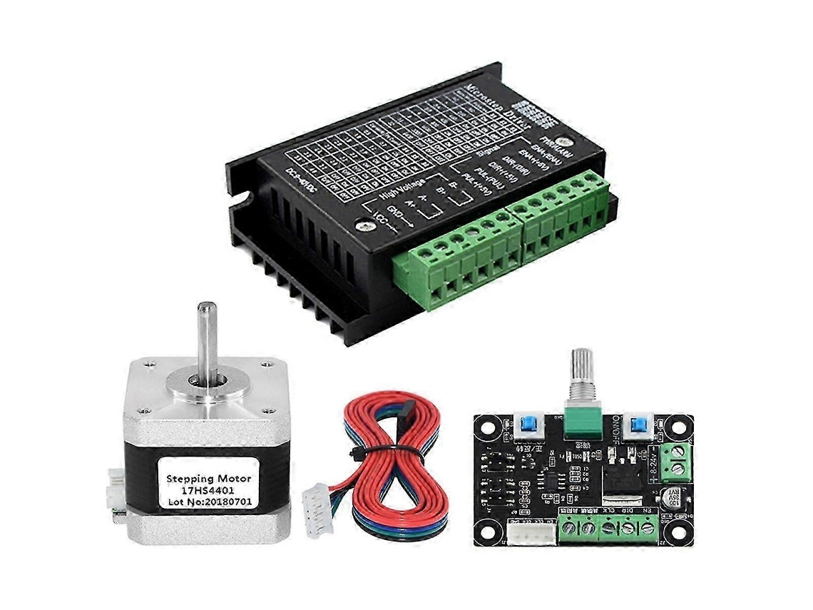 Conjunto de driver de motor de passo para gravadora CNC com controle de velocidade ajustável para operação de avanço e reversão em mesas deslizantes.