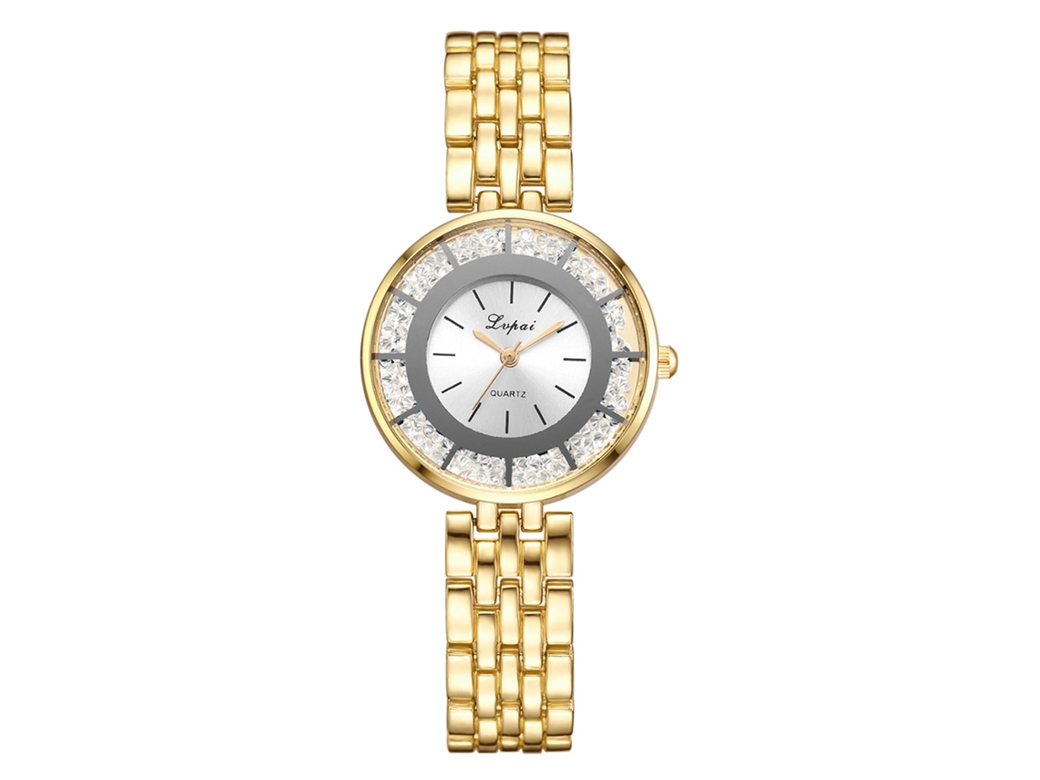 Relógio de Pulso Feminino Lvpai de Quartzo com Pulseira de Liga e Strass Casual Ouro+branco