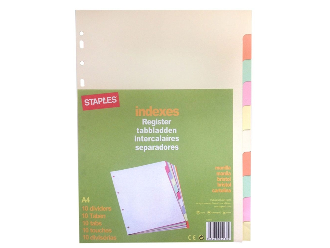 Separador Pré-impresso STAPLES Cartão, 10 Secções, A4, Várias Cores Pastel