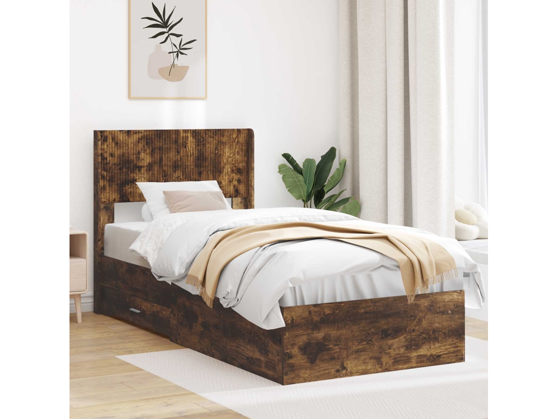 Vidaxl Estrutura de Cama com Armazenamento e Cabeceira Carvalho Fumado