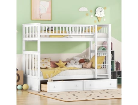 Beliche Para Crianças 90x200cm, Cama Infantil Alta Com Proteção Lateral Gavetas, Estrutura De Cama Solteira Conversível Com Escada Estrado Flieks