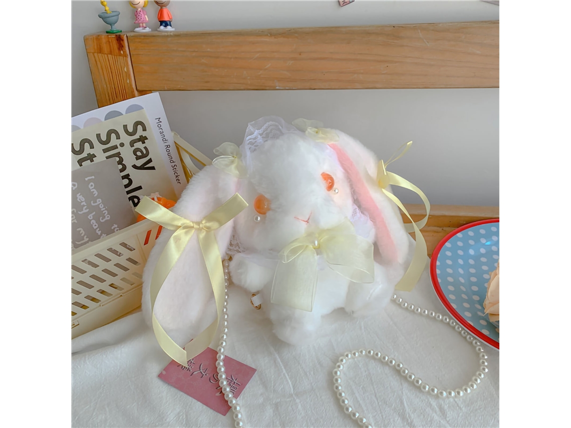 Bolsa de Coelho Fofa Pelúcia com Alça de Pérolas para Meninas Amarela