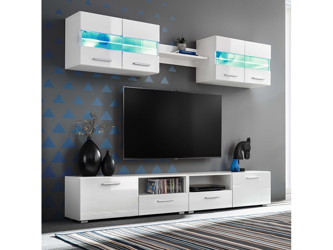 Vidaxl Conj. Unidades De Parede P/ Tv Luzes Led 5 Pcs Branco Brilhante