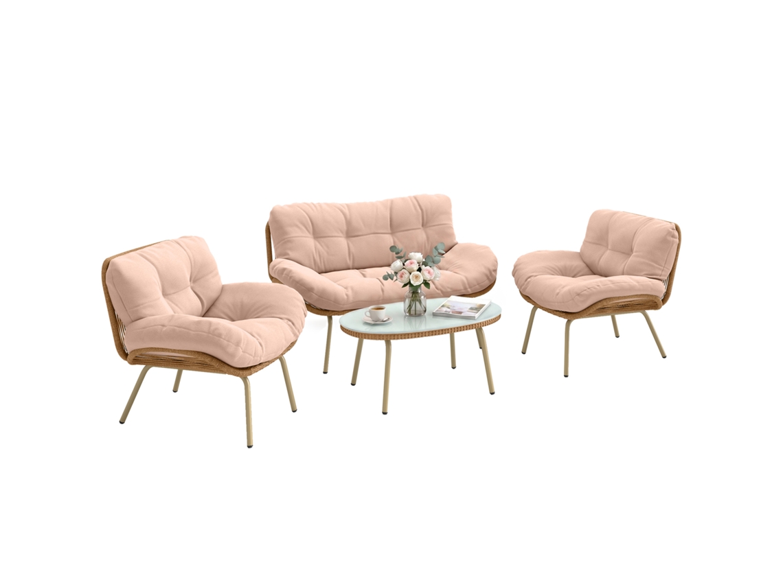 Conjunto Jardim 4 Peças Almofada Grossa 12cm, Sofá 138cm, 2 Cadeiras E Mesa Baixa, Bege