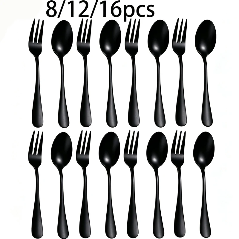 (16 Peças Pretas) Conjunto De Utensílios Em Aço Inoxidável, Colheres, Bolo, Garfo Para Frutas, Adequado Para Casa Ou Café.