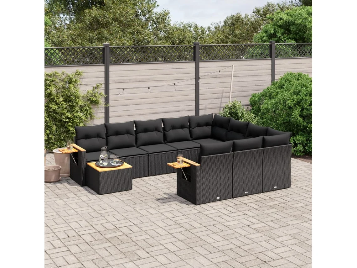 Vidaxl 11 Pcs Conjunto Sofás De Jardim C/ Almofadões Vime Pe Preto