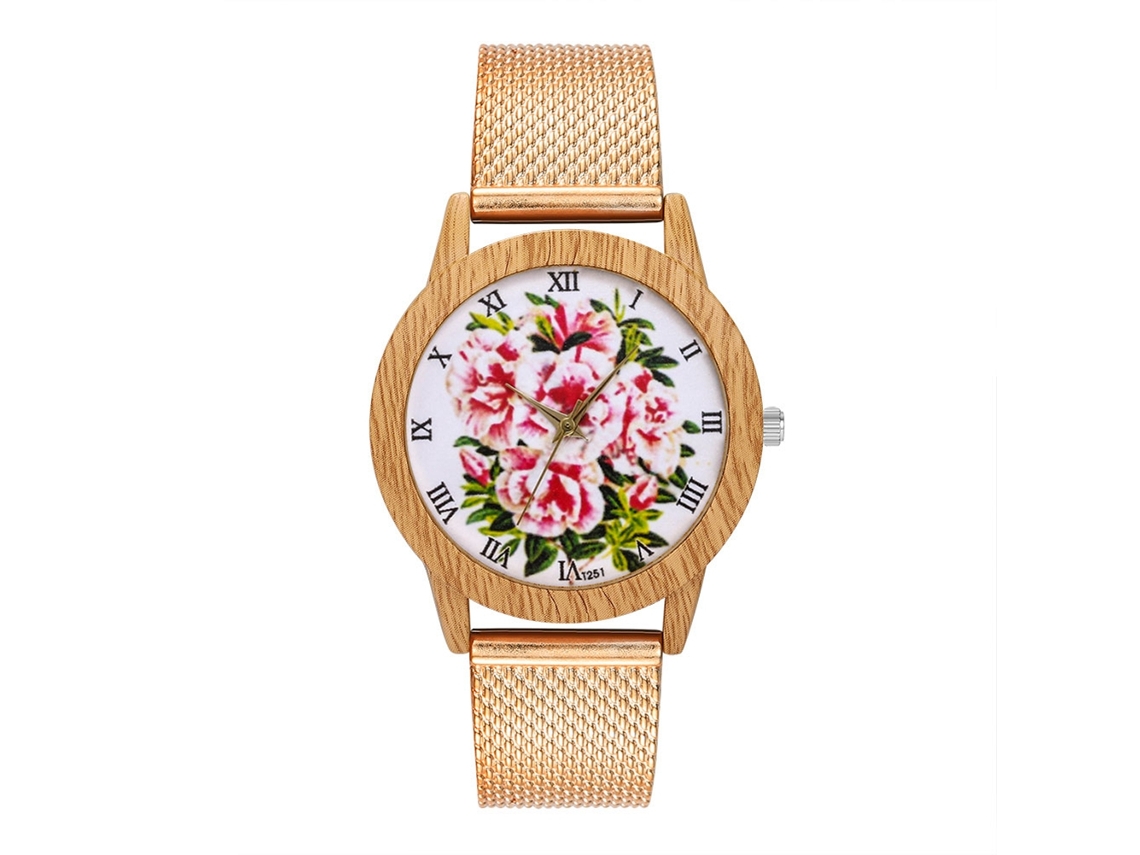 Relógio de quartzo unissex com pulseira de malha Zhoulianfa com estampa floral em ouro rosa.