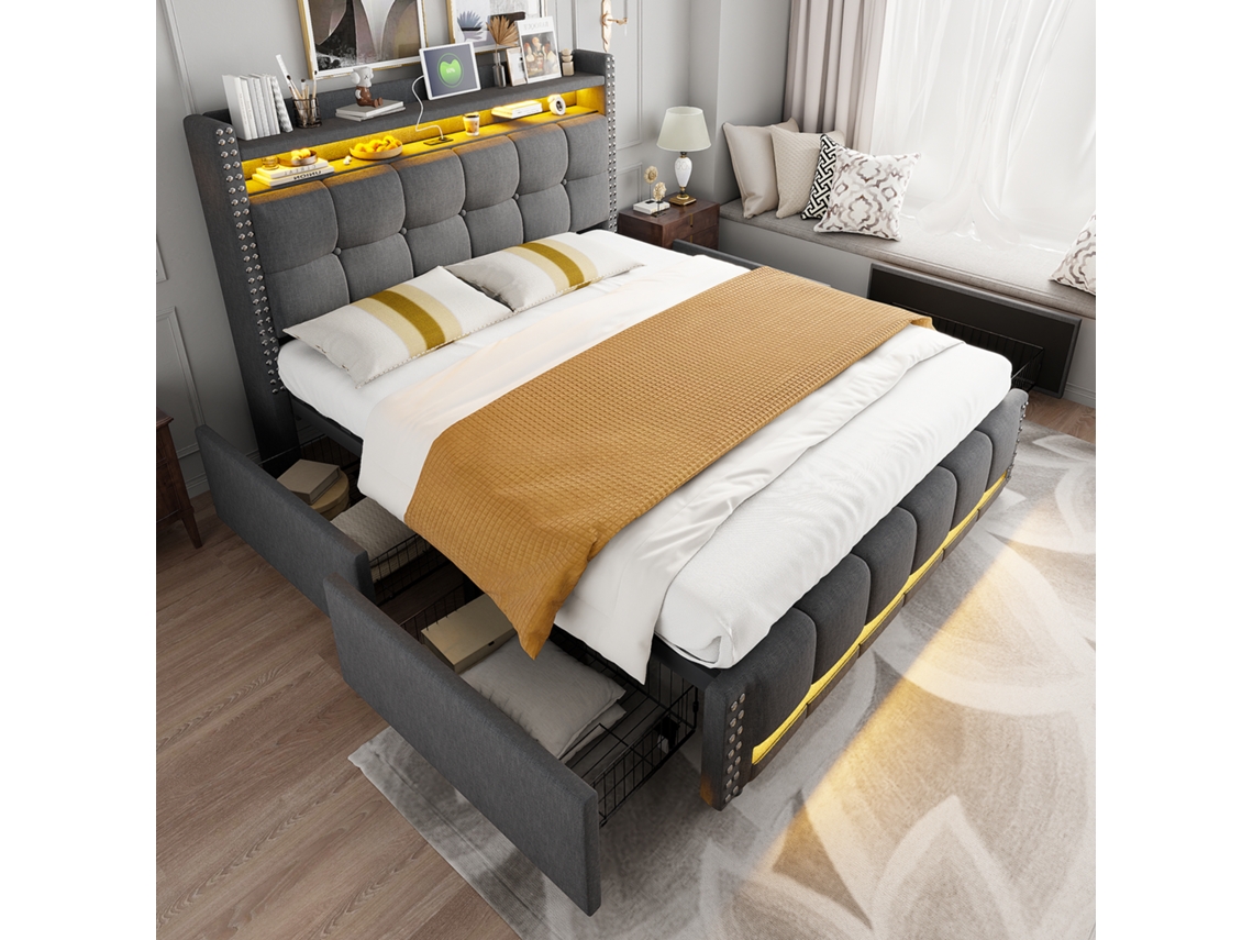 Cama Casal 160x200cm Com Led Usb Prateleiras Gavetas Estofamento Linho Cinza
