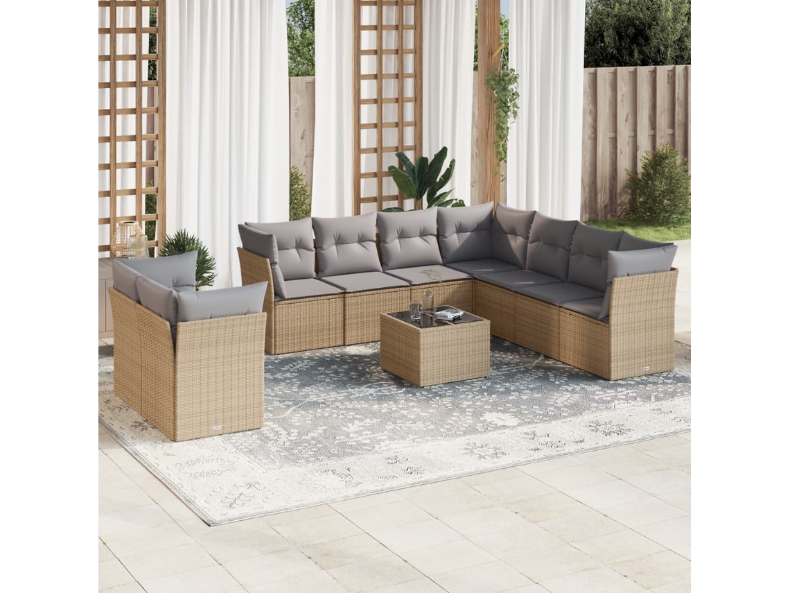 Vidaxl 10 Pcs Conjunto De Sofás P/ Jardim Com Almofadões Vime Pe Bege