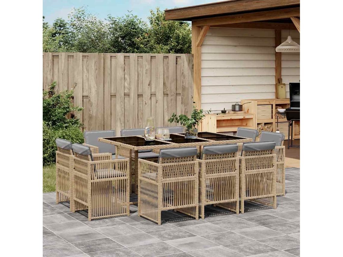 Vidaxl 11 Pcs Conj. Jantar Jardim C/ Almofadões Vime Pe Bege Misturado