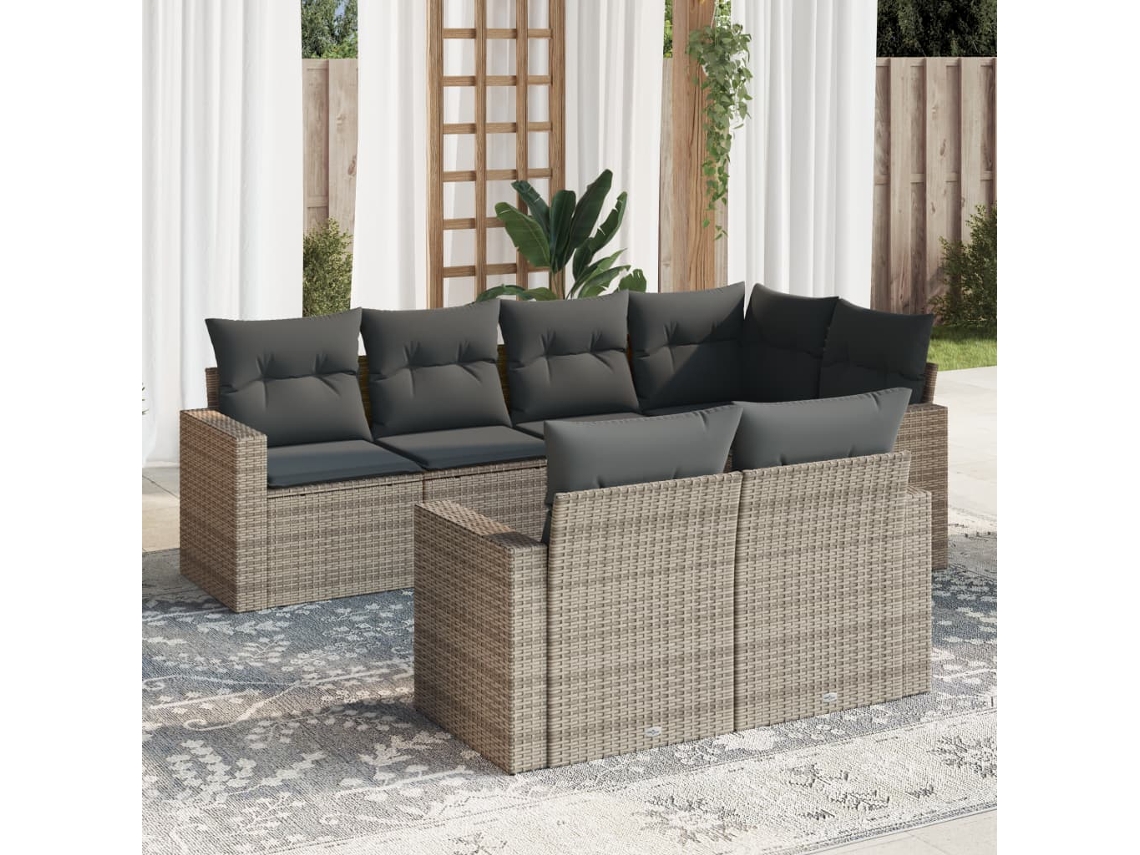 Vidaxl 7 Pcs Conjunto Sofás P/ Jardim C/ Almofadões Vime Pe Cinzento