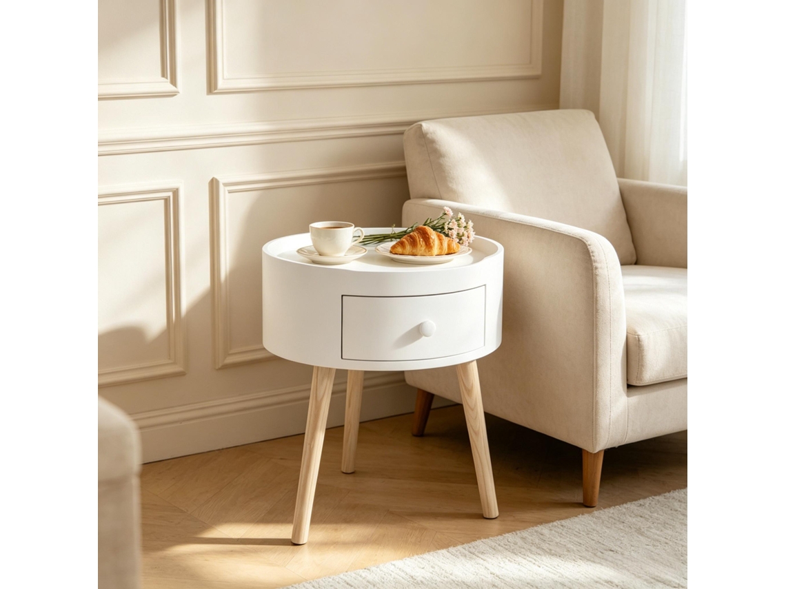 Mesa Lateral Redonda Com Gaveta E Espaço De Arrumação, Design Compacto Para Quarto E Sala De Estar