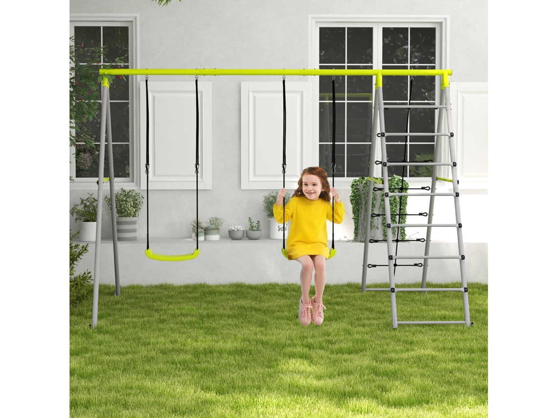 Balanço Infantil 3-8 Anos, Rede De Escalada, Escada De Degraus, Estrutura De Aço, Verde