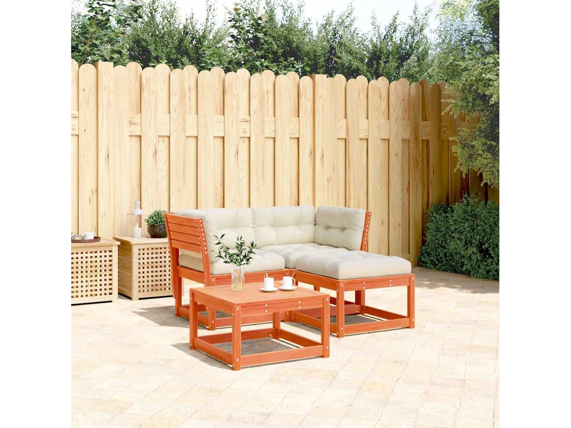 Vidaxl 3 Pcs Conj. Sofás Jardim Almofadões Pinho Maciço Castanho Cera