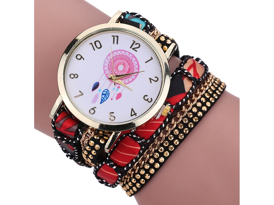 Relógio de Pulso Feminino Étnico Retro com Rede de Sonhos Multicamada Liga Quartzo