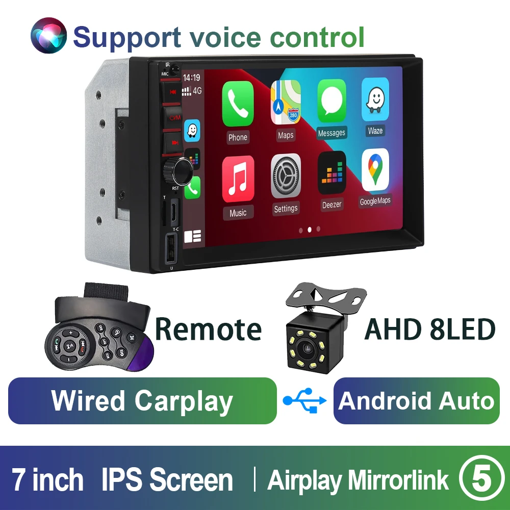 Sistema Multimídia Automotivo 2din (sem Fio - 8 Leds), Tela Ips De 7 Polegadas, Compatibilidade Universal Com Carplay E Android.