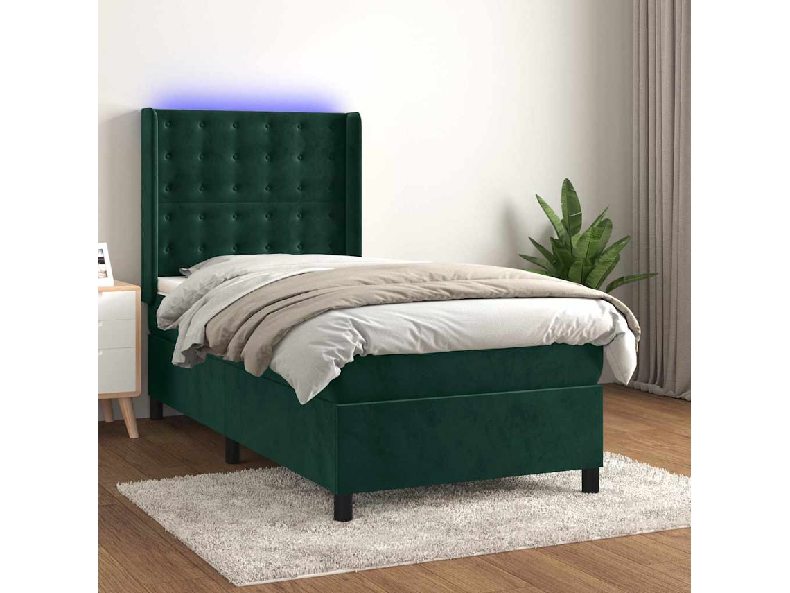 Vidaxl Cama Box Spring C/ Colchão/led 90x200 Cm Veludo Verde-escuro